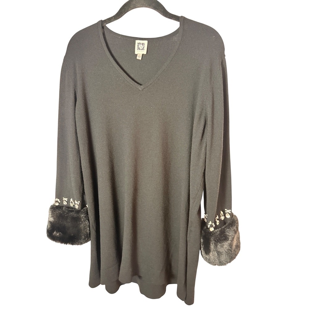 Anne Klein Black V-Neck Tunic Sweater Faux Fur Crystal Cuff Womens L NWT